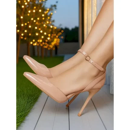 Women's Nude Patent Leather Slingback Stiletto Heels - Pointed Toe High Heel Pumps for Cocktail Parties and Elegant Evening Looks 2025