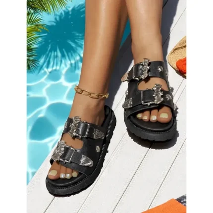 Women's Black Slip-On Sandals with Metallic Buckle and Studded Details – Casual, Trendy Beach Footwear with Bat Pattern for Halloween, Summer Outings, - Image 4