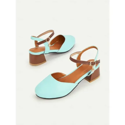 Women's Light Blue Two-Tone Ankle Strap Block Heel Pumps – Round Toe Closed-Toe Dress Shoes with Charm Pendant for Office & Casual Wear 2025 - Image 6