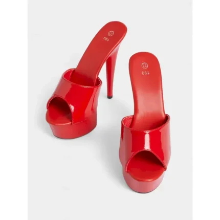 Women's Red Patent Leather Platform High Heels with Open-Toe Design – Sexy Stiletto Mules for Parties and Clubwear 2025