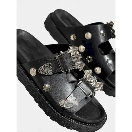 Women's Black Slip-On Sandals with Metallic Buckle and Studded Details – Casual, Trendy Beach Footwear with Bat Pattern for Halloween, Summer Outings, - Image 6