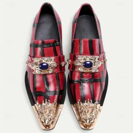 Men's Red Plaid Leather Loafers with Gold Tip Gold Lion Decoration–Premium Cowhide, Slip-On Style for Formal and Fashionable Occasions 2025 - Image 3