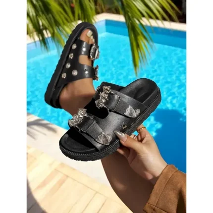 Women's Black Slip-On Sandals with Metallic Buckle and Studded Details – Casual, Trendy Beach Footwear with Bat Pattern for Halloween, Summer Outings, - Image 3