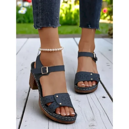 Women's Hollow-Out Buckled Heeled Sandals – Breathable Retro Summer Footwear for Garden Date, Workwear and Countryside Getaways 2025 - Image 6