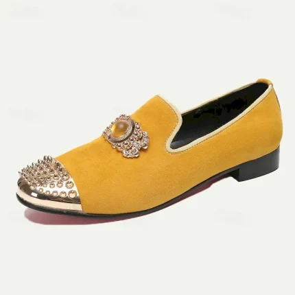 Men's Yellow Leather Loafers with Jeweled Embellishment and Studded Metallic Cap Toe – Premium Cowhide Statement Dress Shoes for Special Occasions 202 - Image 3