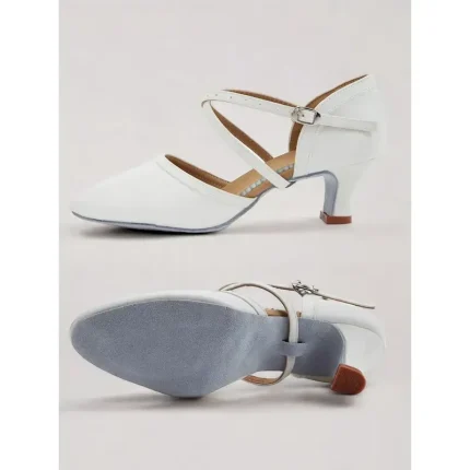 White Faux Leather Dance Shoes with Cross Strap and Buckle – Women's Ballroom and Latin Dance Heels 2025 - Image 4