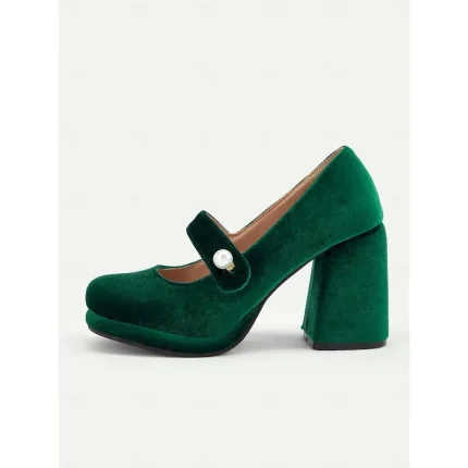 Women's Green Velvet Mary Jane Block Heels with Pearl Accent – Retro Platform Pumps for Party and Formal Events 2025 - Image 6