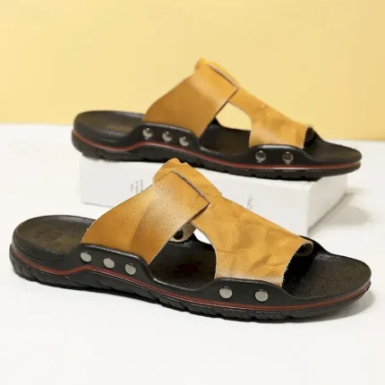Men's Casual Yellow Leather Slip-On Sandals with Studded Details, Comfortable Outdoor Footwear for Summer 2025 - Image 6