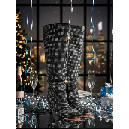 Women's Rhinestone Knee High Boots with Pointed Toe and Chunky Heel Sparkly Slouch Style Footwear for Christmas and New Year City Parties 2025 - Image 5