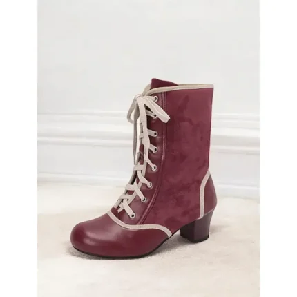 Women's Vintage Lace-Up Mid Heel Boots in Teal with Faux Suede and Faux Leather Panels – Ideal for Retro-Inspired Fashion, Cosplay, or Victorian-Style - Image 5