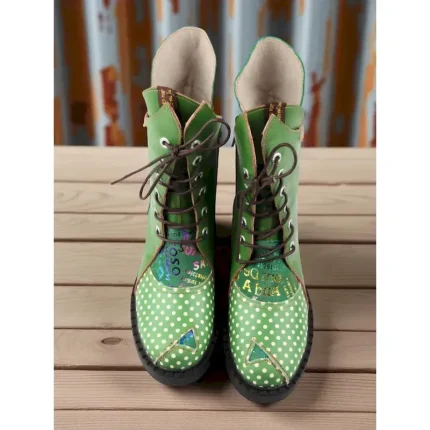 Women's Genuine Leather Green Polka Dot Combat Boots – Retro Lace-Up Boots for Outdoor Fashion and Festivals 2025 - Image 4