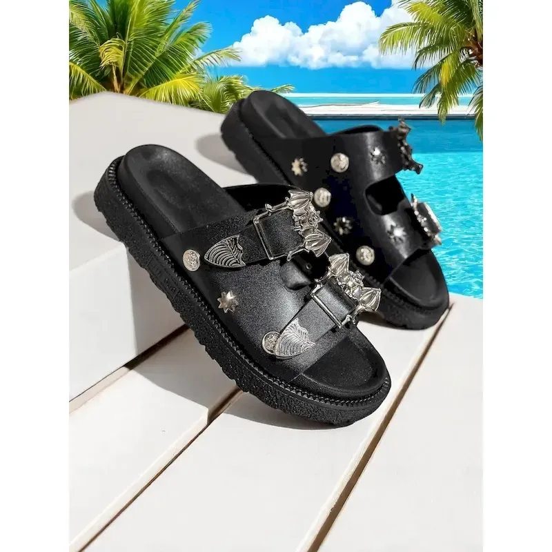 fintem1749031456610.webp Women's Black Slip-On Sandals with Metallic Buckle and Studded Details – Casual, Trendy Beach Footwear with Bat Pattern for Halloween, Summer Outings, - Image 1