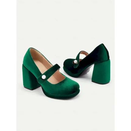 Women's Green Velvet Mary Jane Block Heels with Pearl Accent – Retro Platform Pumps for Party and Formal Events 2025 - Image 3