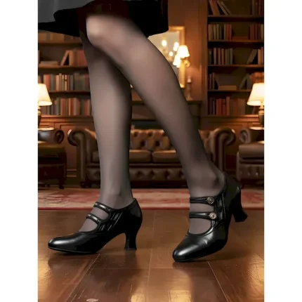 Women's Black 1920s Vintage Heels – Faux Leather Retro Cutout Pumps with Button Detail for Formal Events and Gatsby Party 2025 - Image 4