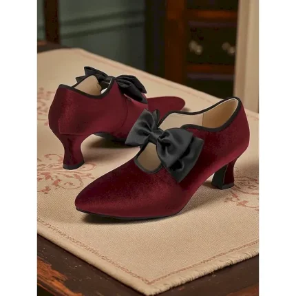 Women's Black Velvet Kitten Heel Shoes with Black Bow - Vintage Victorian Style Dress Pumps for Ladies, Perfect for Weddings, Gatsby Parties & Formal - Image 3