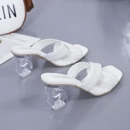 Women's White Woven Mule Sandals - Open Toe, Chunky Transparent Heel, Trendy Summer Shoes for Casual & Party Wear 2025 - Image 6