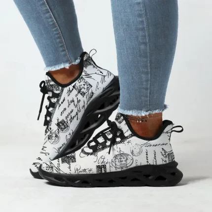 Women's Vintage Letter Print Sneakers - Black and White, Lightweight and Breathable Design, Ideal for Casual Outfits and Streetwear Fashion 2025 - US