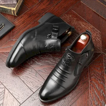 Men's Black Faux Leather Ankle Boots with Lion Embossed Design and Side Zipper – Luxury Formal Footwear for Business and Special Occasions 2025 - Image 3