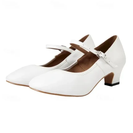 White Faux Leather Mary Jane Dance Shoes with Low Heel and Adjustable Strap – Elegant Footwear for Women 2025 - Image 4