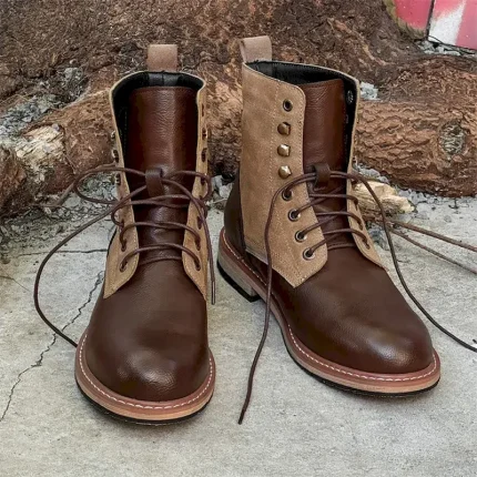 Men's Two-Tone Lace-Up Ankle Boots | Faux Leather and Suede Design for Casual and Outdoor Wear 2025