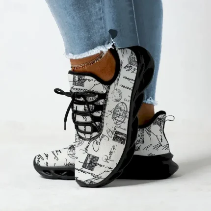 Women's Vintage Letter Print Sneakers - Black and White, Lightweight and Breathable Design, Ideal for Casual Outfits and Streetwear Fashion 2025 - US - Image 4