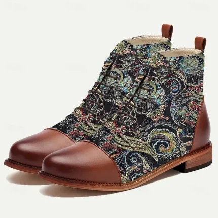 Men's Vintage Peacock Feather Print Lace-Up Ankle Boots – Faux Leather and Jacquard Fabric, Casual and Formal Wear 2025 - Image 4