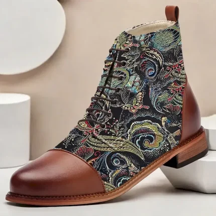 Men's Vintage Peacock Feather Print Lace-Up Ankle Boots – Faux Leather and Jacquard Fabric, Casual and Formal Wear 2025 - Image 3