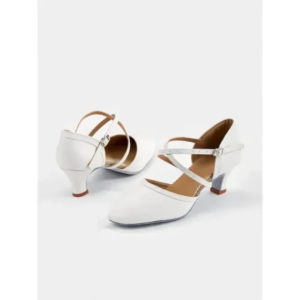 White Faux Leather Dance Shoes with Cross Strap and Buckle – Women's Ballroom and Latin Dance Heels 2025 - Image 6