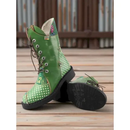 Women's Genuine Leather Green Polka Dot Combat Boots – Retro Lace-Up Boots for Outdoor Fashion and Festivals 2025 - Image 3