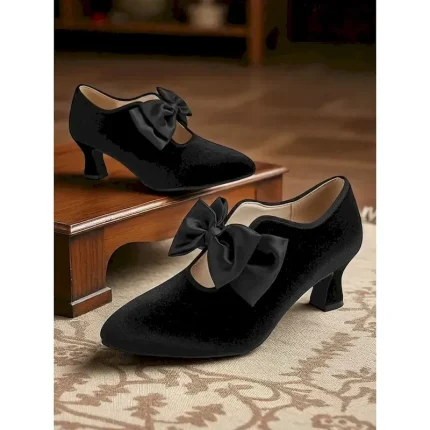 Women's Black Velvet Kitten Heel Shoes with Black Bow - Vintage Victorian Style Dress Pumps for Ladies, Perfect for Weddings, Gatsby Parties & Formal - Image 4