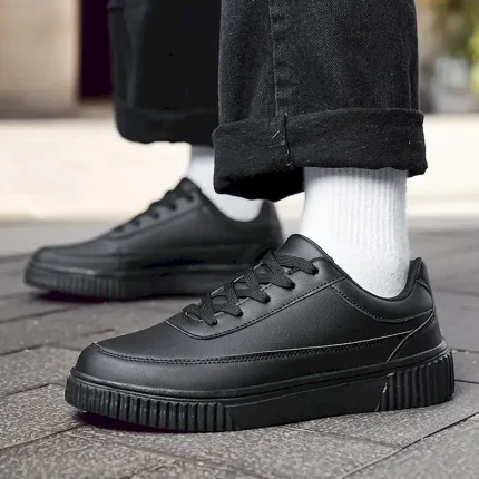 Men's Black Faux Leather Sneakers with Cushioned Sole, Comfortable Lace-Up Design for Casual and Daily Wear 2025 - Image 4