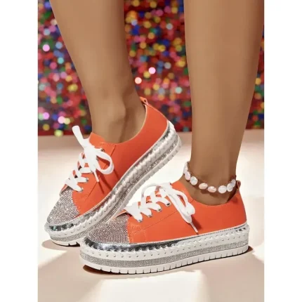 Women's Orange Rhinestone Sneakers - Glitter Lace-Up Casual Party Shoes with Chunky Sole for Nightlife and Club Outfits 2025 - Image 3