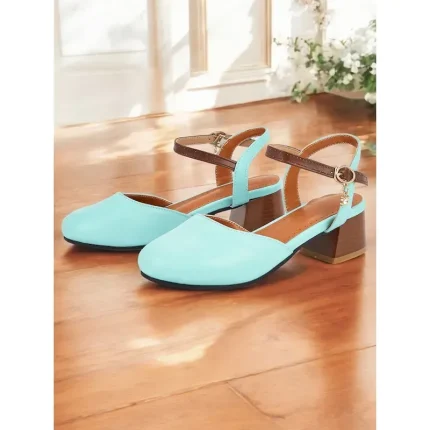 Women's Light Blue Two-Tone Ankle Strap Block Heel Pumps – Round Toe Closed-Toe Dress Shoes with Charm Pendant for Office & Casual Wear 2025 - Image 3
