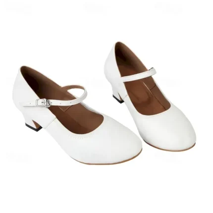 White Faux Leather Mary Jane Dance Shoes with Low Heel and Adjustable Strap – Elegant Footwear for Women 2025 - Image 5