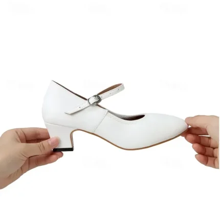 White Faux Leather Mary Jane Dance Shoes with Low Heel and Adjustable Strap – Elegant Footwear for Women 2025 - Image 6