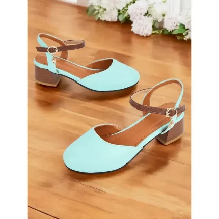 Women's Light Blue Two-Tone Ankle Strap Block Heel Pumps – Round Toe Closed-Toe Dress Shoes with Charm Pendant for Office & Casual Wear 2025 - Image 4