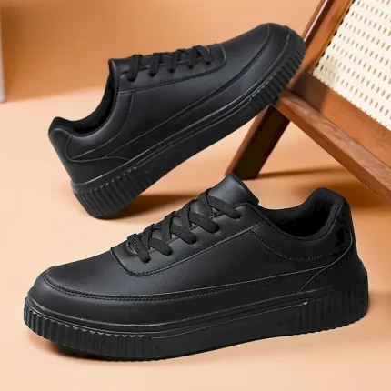 Men's Black Faux Leather Sneakers with Cushioned Sole, Comfortable Lace-Up Design for Casual and Daily Wear 2025 - Image 5