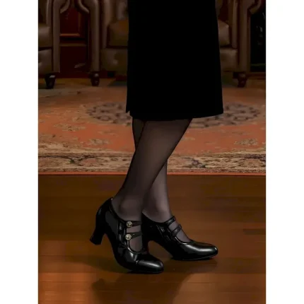 Women's Black 1920s Vintage Heels – Faux Leather Retro Cutout Pumps with Button Detail for Formal Events and Gatsby Party 2025 - Image 5