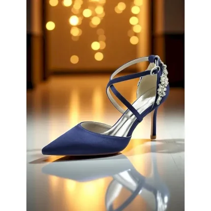 Elegant Navy Blue Satin Heels for Brides – Crystal Decorated Strappy Wedding Shoes Perfect for Cocktail and Evening Parties 2025 - Image 2