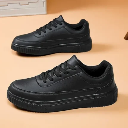 Men's Black Faux Leather Sneakers with Cushioned Sole, Comfortable Lace-Up Design for Casual and Daily Wear 2025 - Image 6