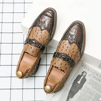 Men's Brown Faux Suede Loafers with Ostrich Pattern – Stylish Slip-On Shoes for Formal and Casual Occasions 2025 - Image 3