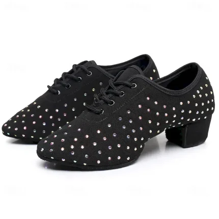 Women's Rhinestone-Embellished Ballroom Dance Shoes - Black Lace-Up Heeled Dance Shoes for Latin and Salsa 2025 - Image 4