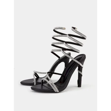 Black Rhinestone Wraparound Stiletto Sandals - Glamorous Women's Evening Heels With Sparkling Rhinestones, Perfect for Parties, Weddings,and Formal Ev - Image 3