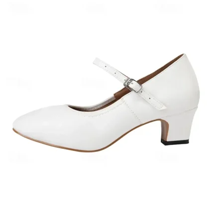 White Faux Leather Mary Jane Dance Shoes with Low Heel and Adjustable Strap – Elegant Footwear for Women 2025 - Image 3