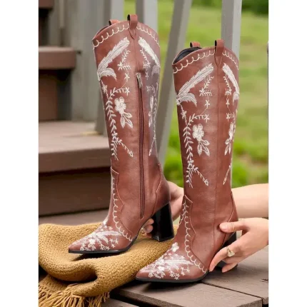 Women's Brown Embroidered Western Knee-High Boots – Vintage Pointed Toe Faux Leather Cowboy Style for Fall Streetwear, Festivals and Country-Themed Ou - Image 2