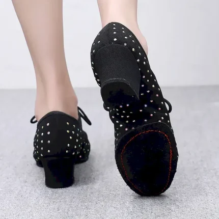 Women's Rhinestone-Embellished Ballroom Dance Shoes - Black Lace-Up Heeled Dance Shoes for Latin and Salsa 2025 - Image 3