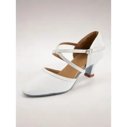 White Faux Leather Dance Shoes with Cross Strap and Buckle – Women's Ballroom and Latin Dance Heels 2025 - Image 3