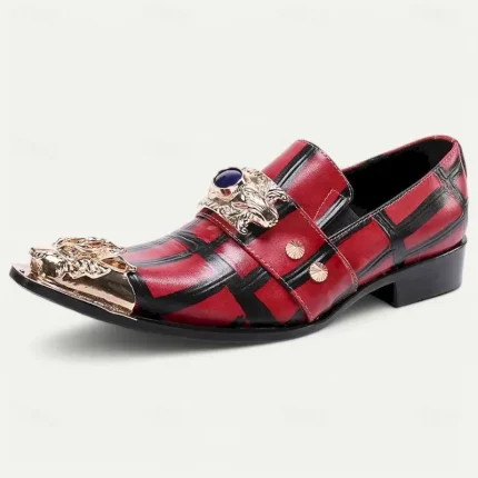 Men's Red Plaid Leather Loafers with Gold Tip Gold Lion Decoration–Premium Cowhide, Slip-On Style for Formal and Fashionable Occasions 2025 - Image 6