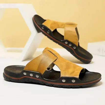 Men's Casual Yellow Leather Slip-On Sandals with Studded Details, Comfortable Outdoor Footwear for Summer 2025 - Image 5