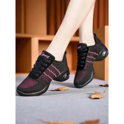 Women's Black Pink Mesh Jazz Dance Sneakers - Lightweight Breathable Professional Hip-Hop Fitness Dance Shoes with Shock-Absorbing Sole for Training a - Image 3